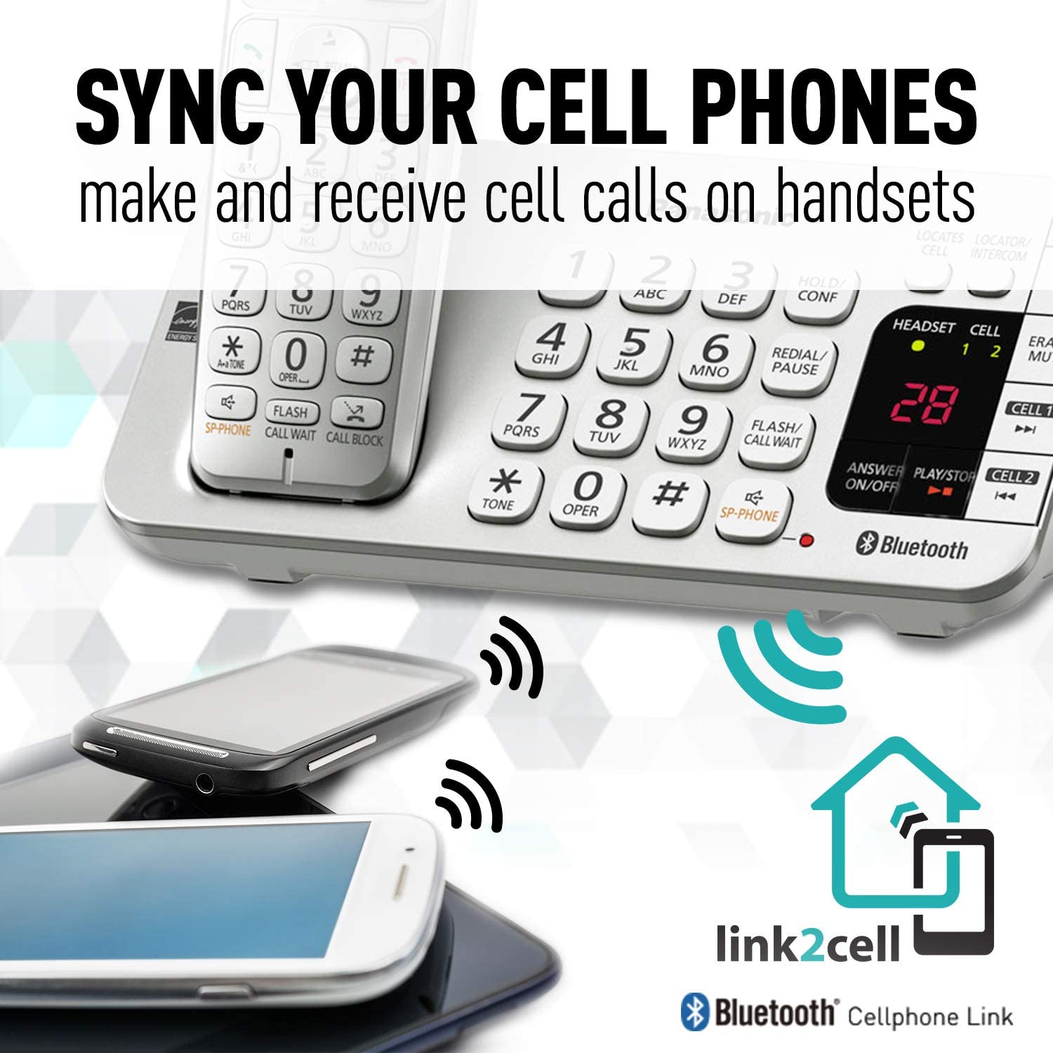 Panasonic Link2Cell Bluetooth Cordless DECT 6.0 Expandable Phone System with Answering Machine and Enhanced Noise Reduction - 5 Handsets - KX-TGE475S (Silver) Panasonic Link2Cell Bluetooth Cordless DECT 6.0 Expandable Phone System with Answering Machine and Enhanced Noise Reduction - 5 Handsets - KX-TGE475S (Silver)